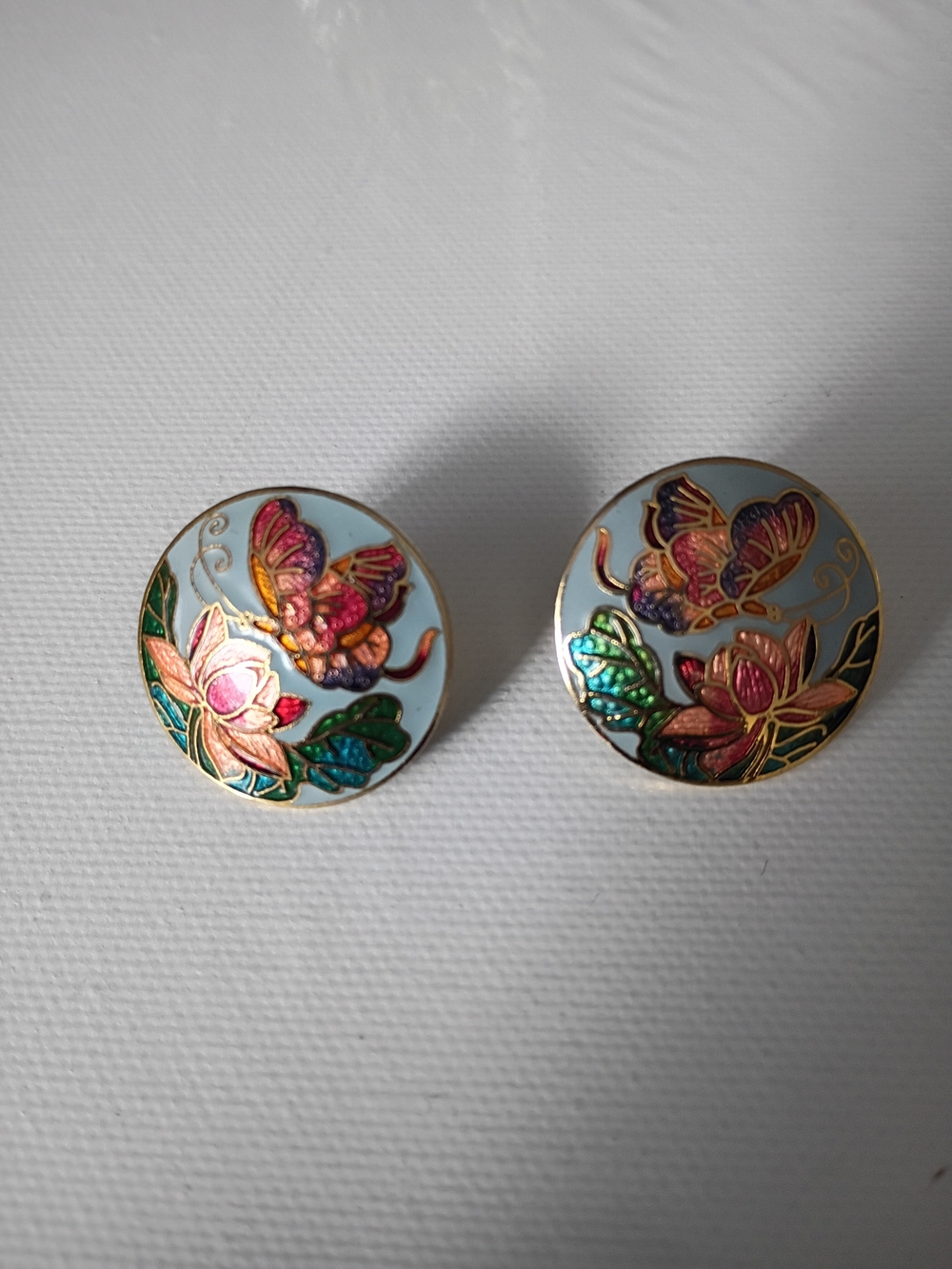 Vintage Signed SG Butterfly Floral Cloisonné  Pierced Earrings - Pink & Green